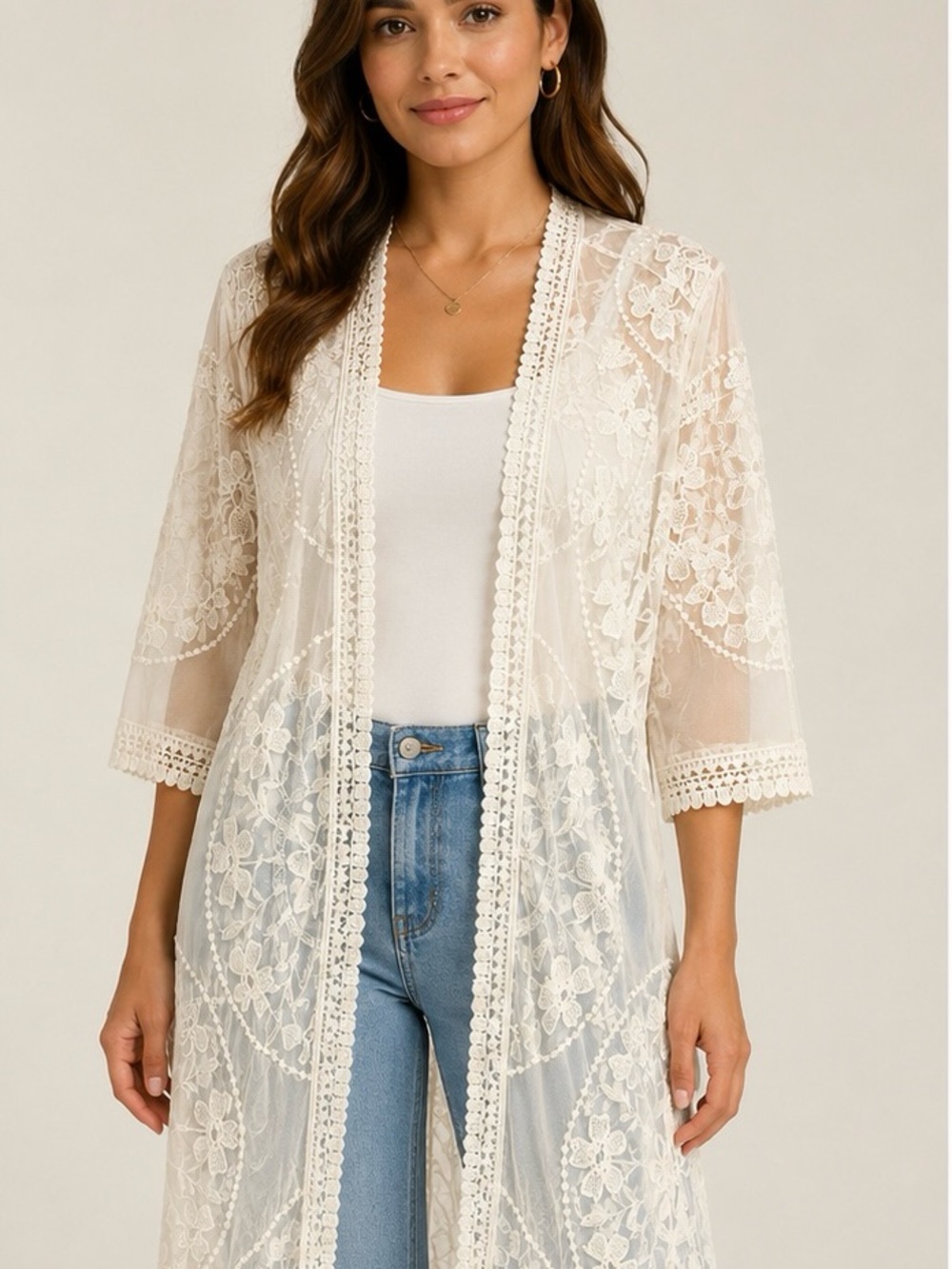 Indigo Poppy Ivory Floral Embroidered Lace Kimono Cardigan Cover Up 1X